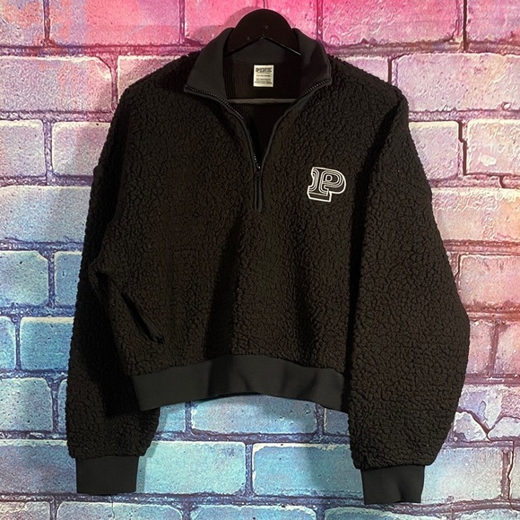 PINK Victoria's Secret Jackets & Blazers - PINK Victoria’s Secret Black Sherpa Quarter-Zip Pullover Women’s S/P Fleece Crop